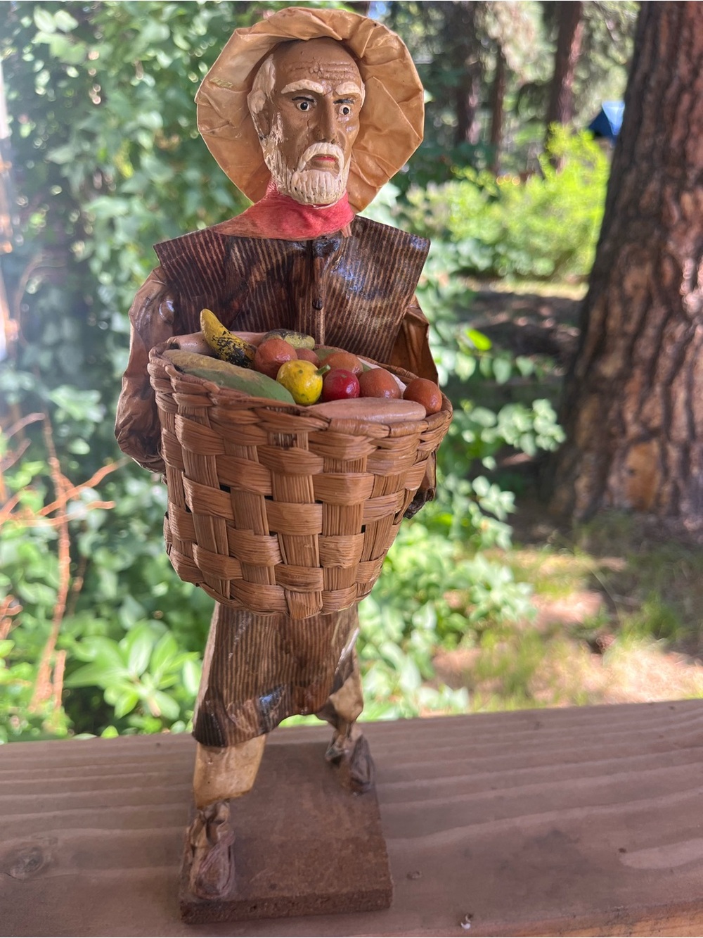 Vintage Mexican Folk Art Paper Mache Farmer Man Carrying Basket Figurine 13”.